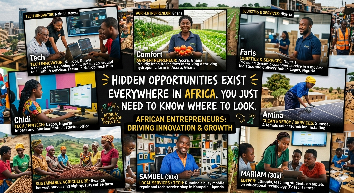 A collage of African entrepreneurs running diverse businesses across tech, agriculture, and services sectors