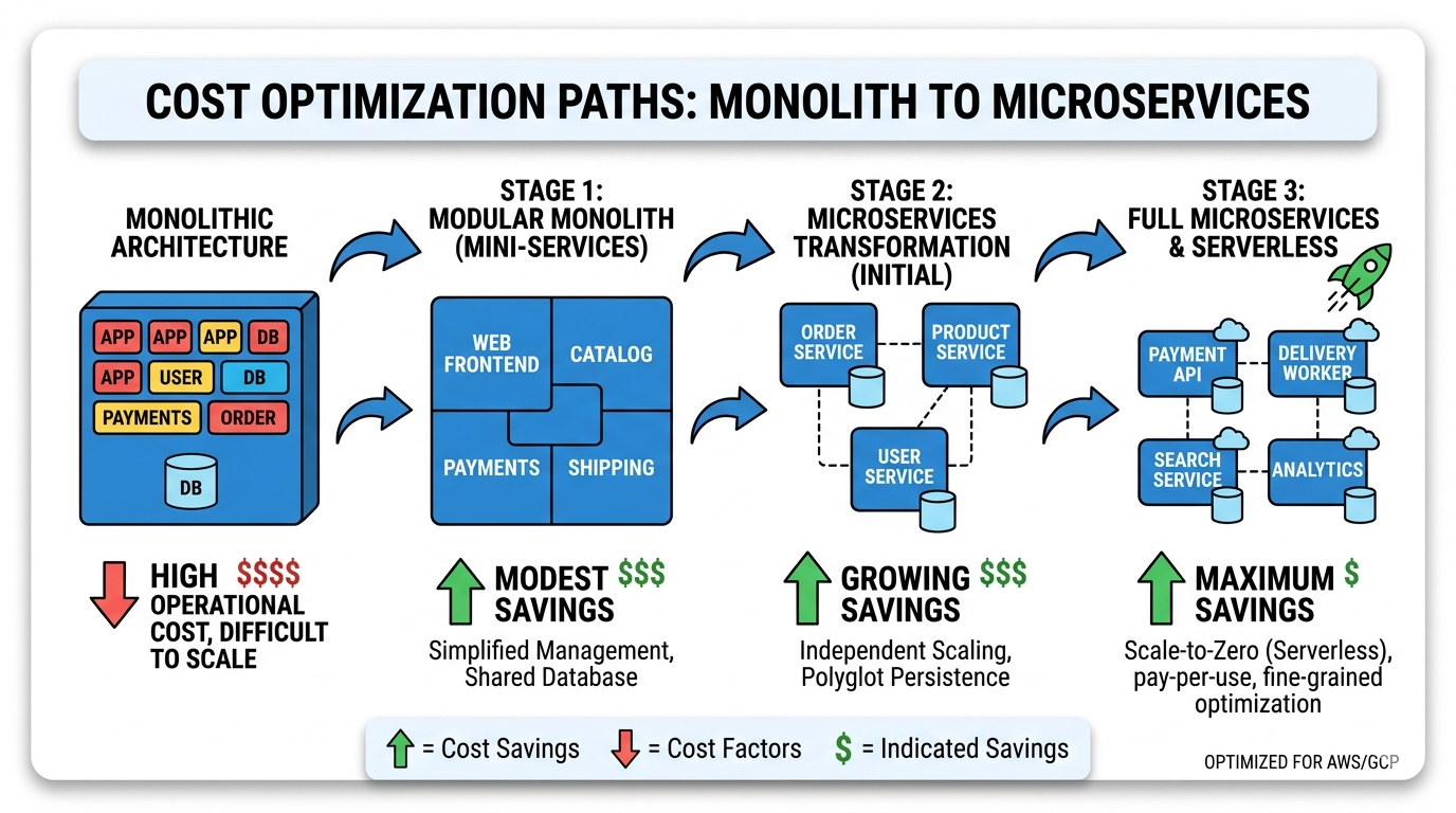 System architecture diagram showing cost optimization paths from monolith to microservices with dollar signs indicating savings at each stage