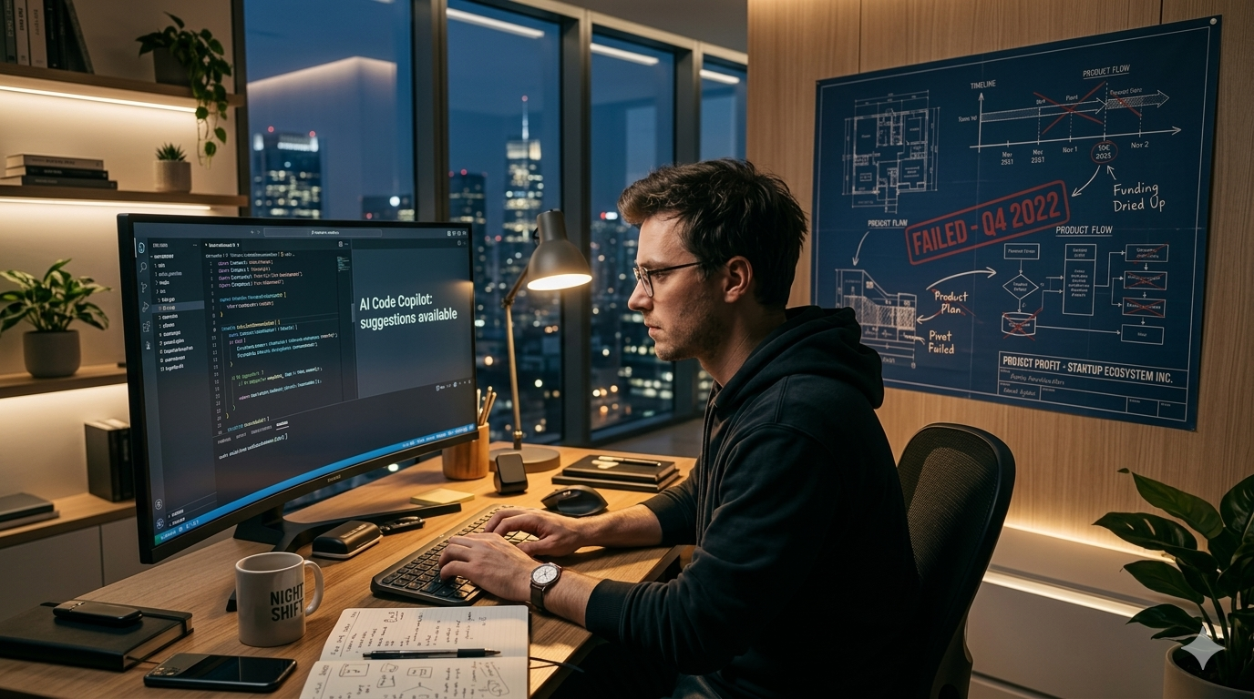 A developer working late at night with AI code suggestions, contrasted with a blueprint of a failed startup.