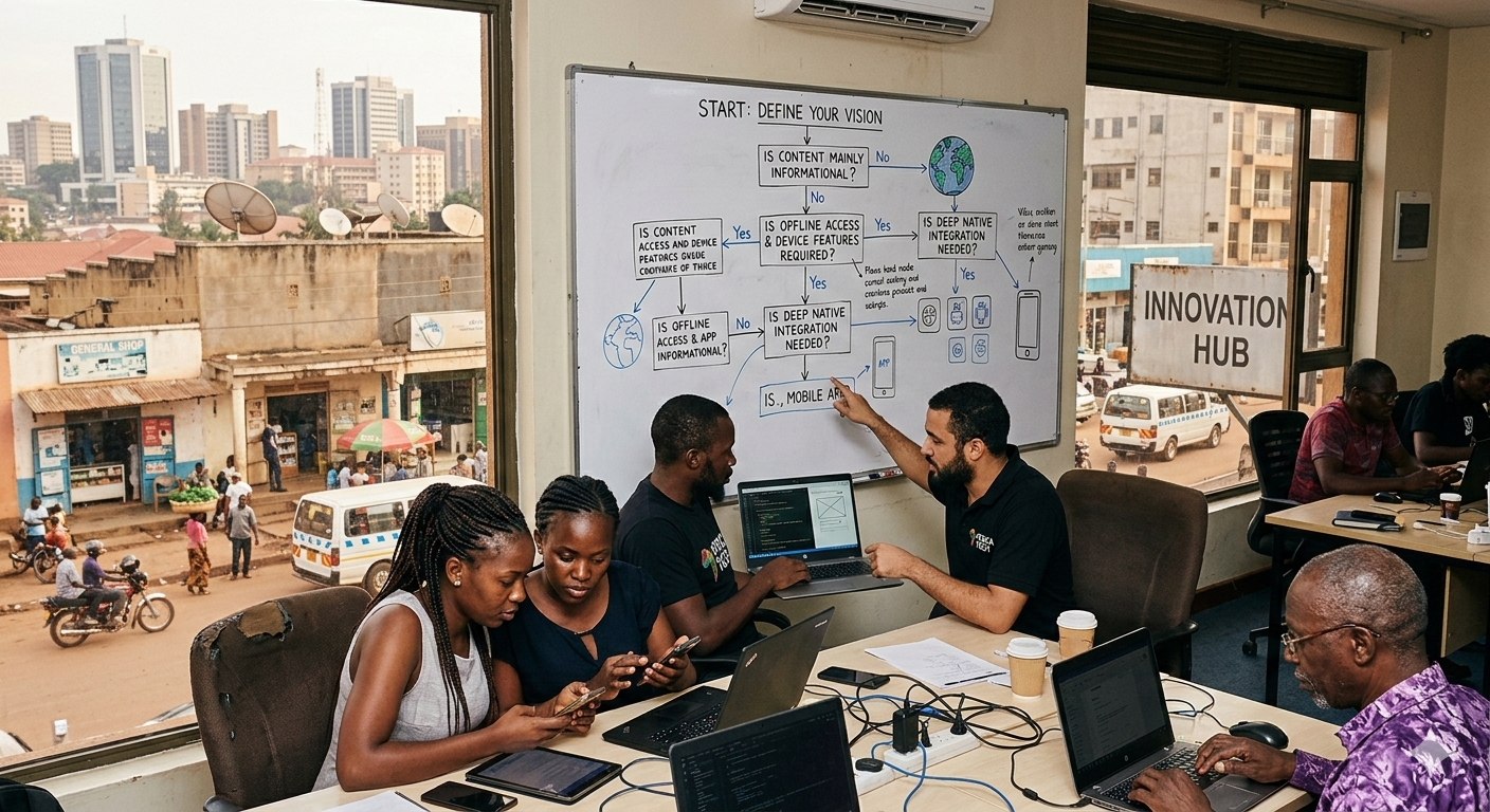 A decision flowchart showing paths to Website, Web App, and Mobile App, set against a backdrop of African tech users and cityscapes.